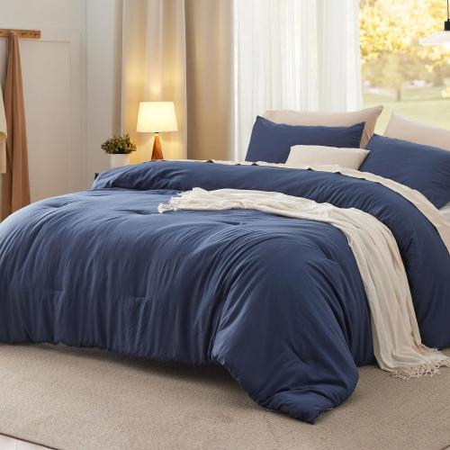 Bedsure King Size Comforter Set, Navy Soft Prewashed Bedding for All Seasons, 3 Pieces GentleSoft™ Warm Down Alternative Bed Set, 1 Lightweight Comforter (104x90) and 2 Pillowcases (20x36)