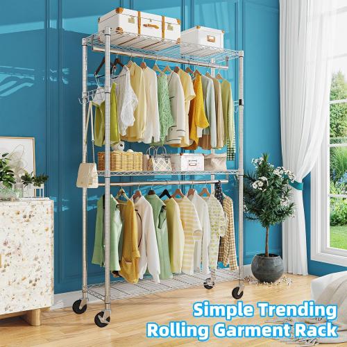Simple Trending Clothing Garment Rack with 3 Tiers Storage Shelves, Heavy Duty Rolling Clothes Organizer Double Rods with Wheels for Hanging Clothes, Chrome
