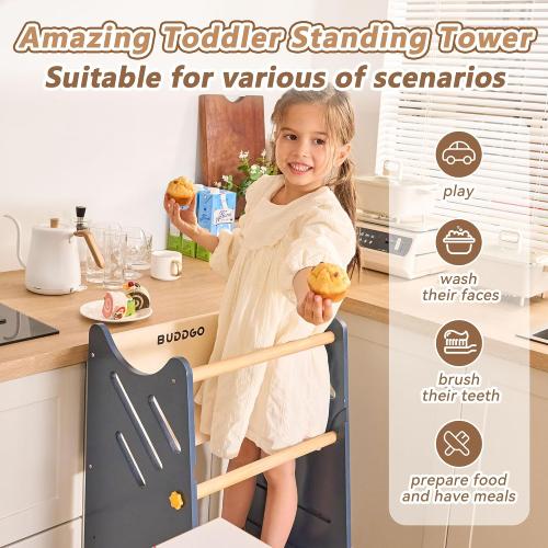 Toddler Standing Tower with Safty Rail & Non-Slip Pads, 3 Height Adjustable Toddler Tower with Chalkboard, Great for Kitchen Activities, Hand Washing & Creative Play, Blue