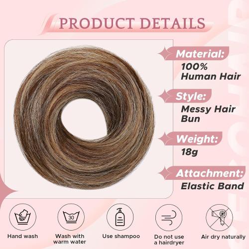 Messy Bun Hair Piece Human Hair Natural Wavy Messy Bun Scrunchie Updo Hairpieces Donut Chignon Ponytail Extensions for Women Girls,Medium Brown Mixed Dark Blonde