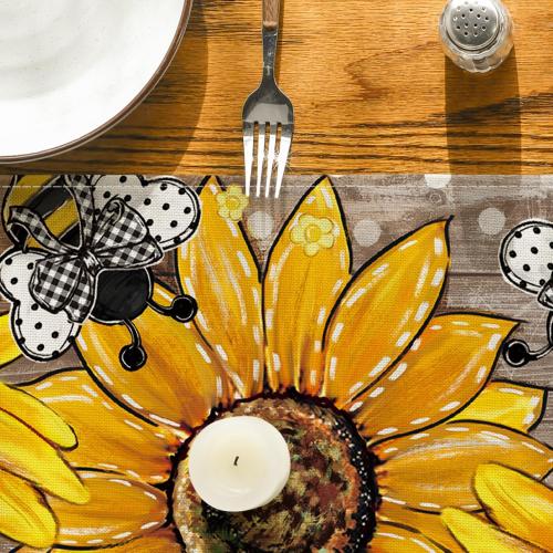 Artoid Mode Wood Sunflower Bee Flower Polka Dot Summer Table Runner, Seasonal Kitchen Dining Table Decoration for Indoor Party Home 13x72 Inch