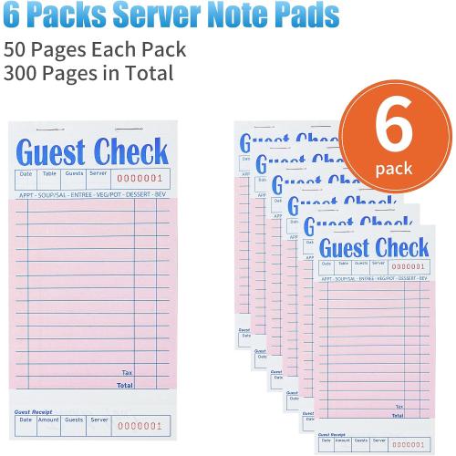 ZPARIK 6 Pack Guest Checks Books, Server Note Pads, Pink | 5 Pack Guest Checks with 50 Sheets Per Book, Waiter Checkbook, Waitress Notepad for Restaurants, Perfect for Servers