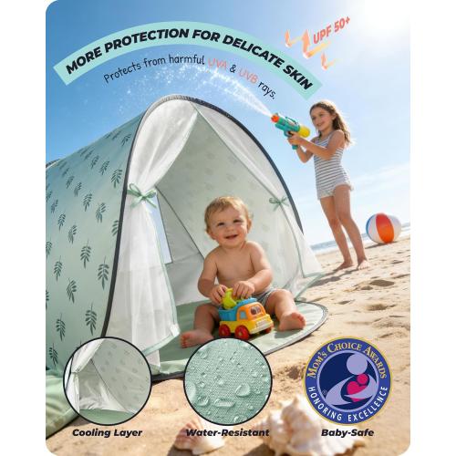 Baby Beach Tent, 2026 Upgrade Pop-Up UPF 50  Sun Protection with Mosquito Net Shelter Canopy Portable Outdoor Shade Summer Essentials for Babies Toddlers- Green Leaves