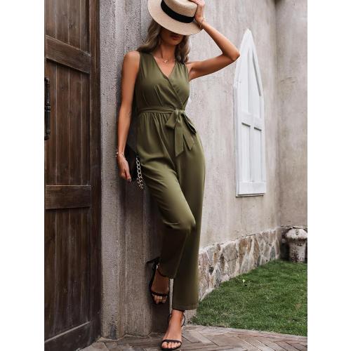 Size L ...Elegant Sleeveless Cross-Neck Jumpsuit with Waist Tie