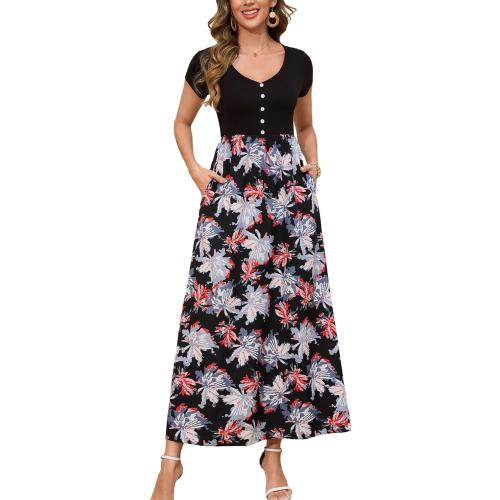 Kormei Women's Short Sleeve V Neck Button Loose Plain Maxi Dresses Casual Summer Tshirt Dress with Pockets small