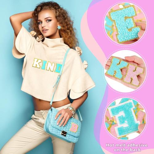 Jutom 104 Pcs Self Adhesive Chenille Iron on Letter Patches Letter Chenille Stick on Embroidered Patch for Clothing Jackets Backpacks Hats(Classic,Pink, Sky Blue)