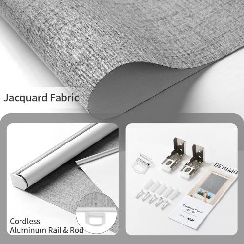 GENIMO 100% Blackout Roller Window Shades, Window Blinds Cordless with Thermal Insulated, UV Protection Fabric, Mini French Door Blinds for Home, Office, Bedroom, Easy to Install, Grey, 48 W X 75 H