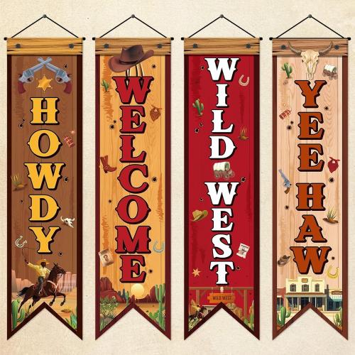4 Pcs Western Cowboy Party Decorations Wild West Banner Howdy Yes Haw Welcome Hanging Decor Rustic Western Porch Sign Cowboy Rodeo Door Decorations for Bar Birthday Photo Props Vintage Party Supplies