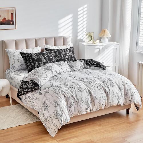 Joyreap 7 Piece Bed in a Bag, Botanical Bedding Set Queen Size Comforter Set for All Season- Black n White Reversible Design- 1 Comforter, 2 Pillow Shams, 1 Flat Sheet, 1 Fitted Sheet, 2 Pillowcases