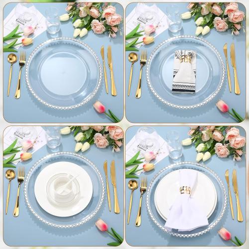10 PCS Clear Charger Plates with Beaded Rim 13 Inch Plastic Round Charger Plates Bulk for Dinner Home Kitchen Wedding Party Tabletop(Silver)