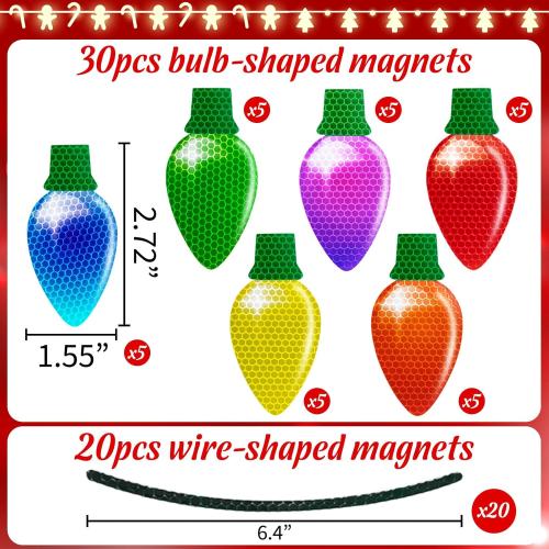 50PCS Christmas Car Refrigerator Decorations - 30 Reflective Bulb Light Shaped Magnets 20 Magnetic Wires Ornaments Set Xmas Holiday Cute Decor