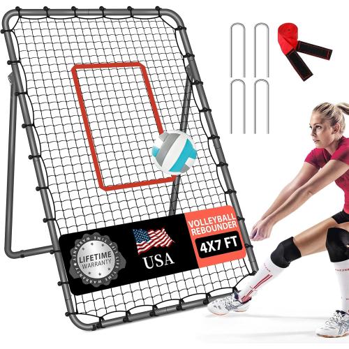 Adjustable Volleyball Rebounder Net 7x4 ft with PU Volleyball and Stakes - Bounce Back Training Equipment for Practicing Volleying, Bumping, Spiking, Easy Set Up & Steady for Multi Sports