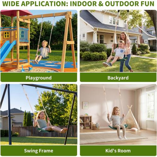 Weatherproof Swing Seat Heavy Duty with 70 Rope Support 264lb | Playground Swing Set Replacement for Kid Outdoor Backyard, Non-Slip & Ergonomic, Straps & Carabiners, Adjustable Rope, Green