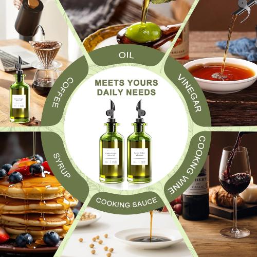COOLMI Oil Dispenser for Kitchen - 12oz/350ml, Set of 2 Extra Thick Food Grade Glass Olive Oil Dispenser Bottle with Cleaning Brush, Stickers and Funnel (Black)