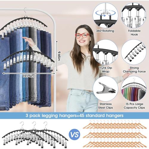 3 Pack Legging Organizer for Closet Hanging, Pants Hangers with Clips Holds 45 Leggings, Shorts, Skirts, Jeans, Hats, Pants Hangers Space Saving Clothes Racks Closet Organizers and Storage, Black