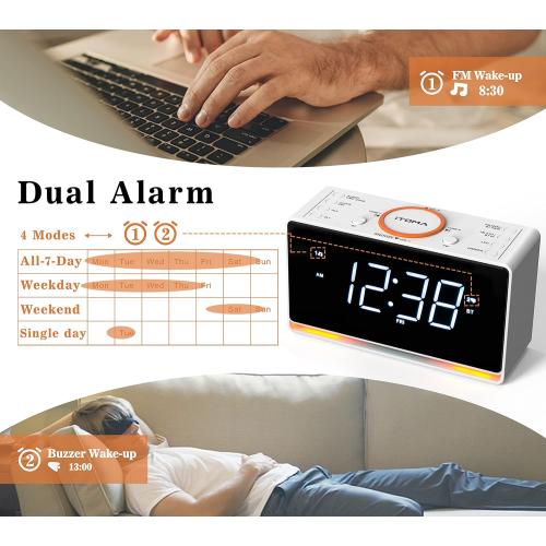 iTOMA Alarm Clock Radio, 1.4 White LED Display Clock with Bluetooth, FM Radio, Dual Alarm, Sleep Timer, Snooze, Auto & Manual Dimmer, USB Charger and Night Light CKS718