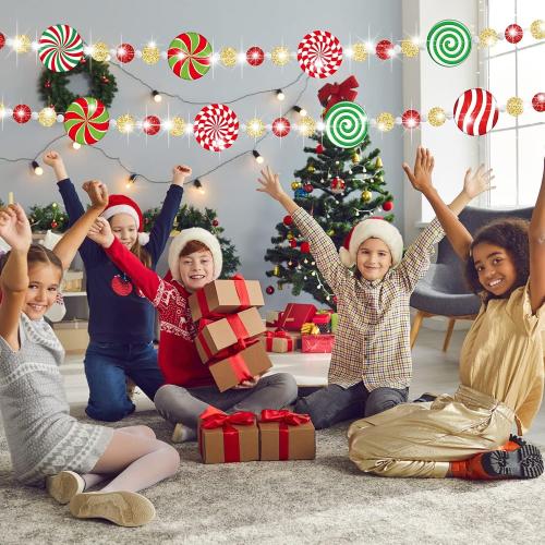 Zhanmai 16.5ft Christmas Candy Cane Garlands Xmas Peppermint Garland Ornaments for Tree Glitter Holiday Tree Garland for Christmas Wreaths Home Fireplace Decorations(Round)