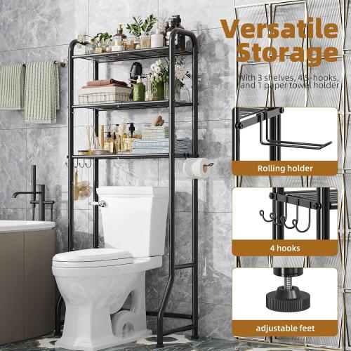 Simple Trending Over The Toilet Storage Rack, Metal 3 Tier Bathroom Organizer Shelf with Paper Holder and 3 Hooks, Freestanding Shelf Space Saver Above Toilet,Black‼️shelf covers not included may be missing hardware, small scratches‼️
