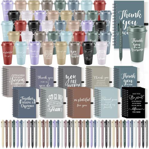 LemonRoad 120 Pcs Employee Appreciation Gifts Set,Staff Coworker Gift Bulk 16 Oz Plastic Tumbler Cups with Lid Straw Spiral Notebook Pen Thank You Gift for Team Office (Novelty,Morandi)