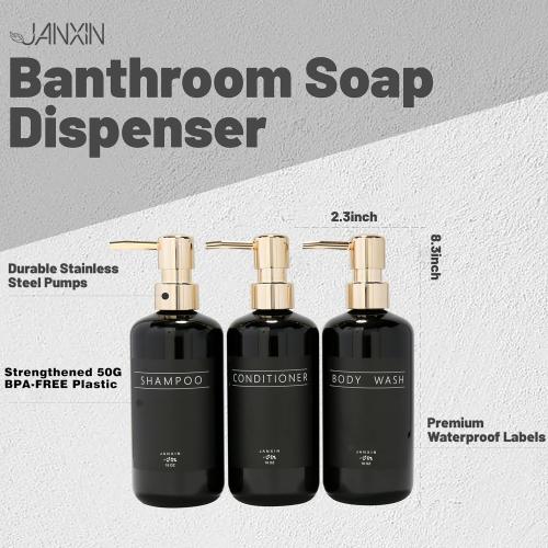 Shampoo and Conditioner Dispenser Set of 3,Modern Refillable 16oz Shampoo and Conditioner Bottles with Pump,Stylish Shower Soap Dispenser with Waterproof Labels for Bathroom (Black)