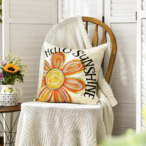 Hello Sunshine Floral Throw Pillow Cover, ,Cushion Case Decoration for Sofa Couch Holiday Seasonal Home Decor