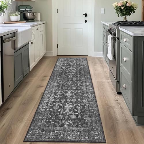 Washable Area Rug 2.6x8 Black Runner Rugs for Living Room, Vintage Boho Hallway Large Rug for Bedroom Dining Room Office, Distressed Floral Carpet for Under Table, Soft Non Slip Low Pile Throw Carpet