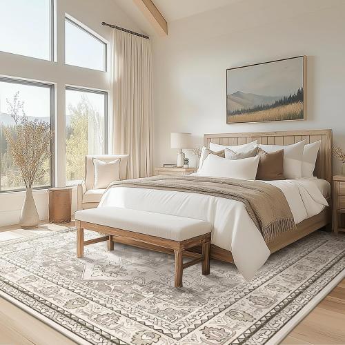 Beige 8x10 Findosom Area Rugs for Living Room, Non-Slip Soft Washable Rug with Vintage Medallion Pattern, Low Pile Faux Wool Large Boho Rugs for Bedroom, Ding Room, Entryway and Home Decor, Beige