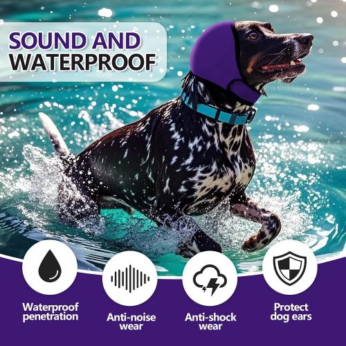 Dog Ear Muffs & No Shake Ear Wrap for Hematoma, Bathing, Drying & Noise Anxiety Relief - Elastic Waterproof Ear Protector with Calming Hoodie Design for Grooming (Purple, L)