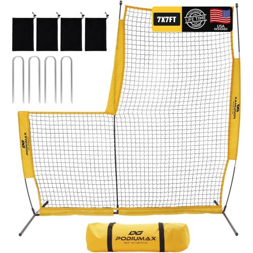 PodiuMax Baseball Softball Pitching Screen, 7x7FT Pitcher Protection Net with Upgrade Frame, Baseball Batting Pitching Net for Backyard Field Outdoor, Line Drive Protective L-Screen with Carry Bag