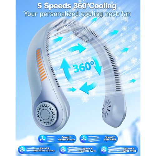 Portable Neck Fan - Rechargeable Personal Fan with Neck Support, 5000mAh, 5-Speed Quiet, Lightweight Long Lasting Bladeless Fan, Wearable Cooling Fan for Hot Flashes, Travel, Gifts for Men Women