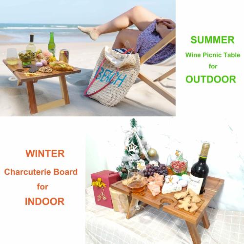 SASIDO Portable Wine Picnic Table, Acacia Wood, Larger Tray Foldable, Charcuterie Board, Wine Gift, Decor for Romantic Camping, Engagement Party, Concerts, Glamping, Winter Adventure ‼️product in its original packaging including box‼️