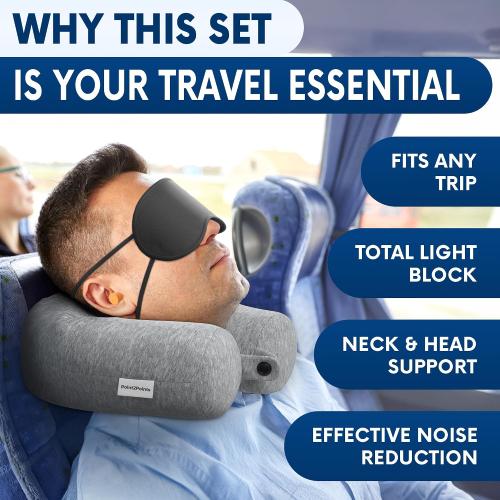 Twist Memory Foam Travel Pillow - Comfortable & Adjustable Neck Pillow for Traveling with Soft Washable Velvet Cover, Eye Mask & Earplugs - Long Flight Essentials | for 360° Neck Support, Chin, Lumbar