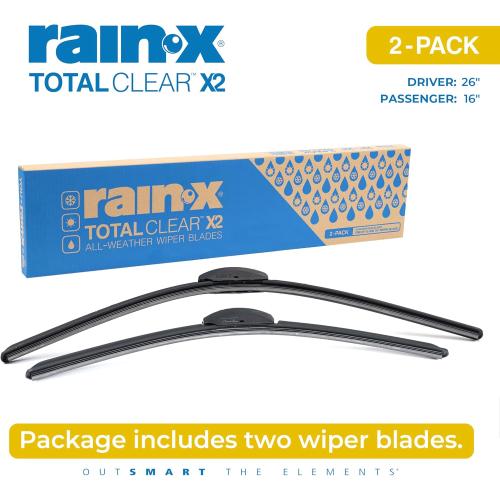 Rain-X 810330 Total Clear Beam Wiper Blades 26 & 16 Windshield Wipers for All-Weather Performance, Rubber Squeegee for Smooth Clean Wipe & Quiet Operation - 2 Pack Value