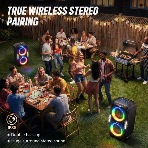 W-KING 270W Peak Party Speaker, Powerful Sound/Futuristic lightshow/12 Custom Deepest Bass/Massive 125dB 6.5''x2 Subwoofer/MIC&GTR in/USB/TF/AUX/IPX5 Waterproof Large Bluetooth Speaker (Black) ‼️unused‼️