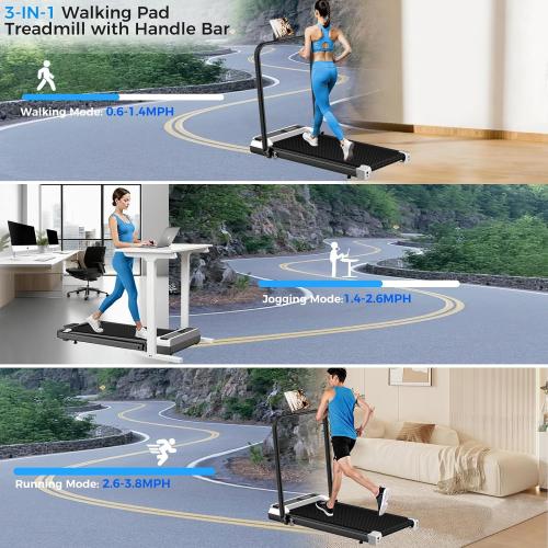Walking Pad Treadmill with Handle Bar for Home Office,3.0HP Low Noise Portable Folding Under Desk Treadmill with Remote Control,Jogging Running Machine,350 Lbs Capacity,LED Display