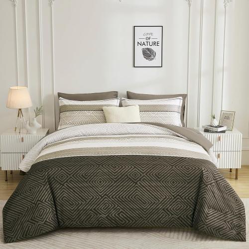 Drucon Brown Comforter Set King Size 7 Piece Bed in a Bag Striped Bedding Set Soft Microfiber Comforter and Sheet Set for All Season (King, 104x90)