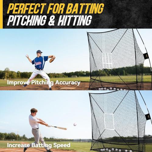 PodiuMax 7x7FT Baseball Net with 2 Strike Zone for Batting & Pitching | Extra Stable Rectangular Base, Extra-wide Ball Collection, Tear-resistant Net, Portable & Easy Setup for Backyard