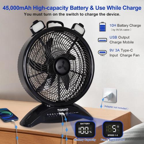45000mAh 16-Inch Rechargeable Battery Operated Fan with LED | Large Portable Outdoor Fan with 5 Speed, High Airflow Camping Fan, Cordless Floor Fan with Timer for Garage, BBQ, Hurricane
