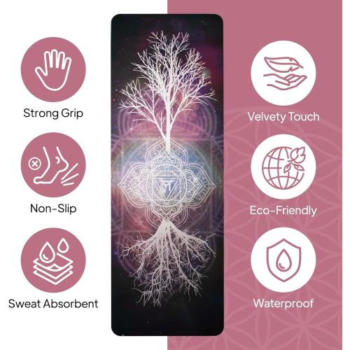 Vegan Suede Yoga Mat – Tree of Life/Root Chakra Design, Extra Thick 1/4” (6mm), Sweat-Grip Surface – Perfect for Yoga, Hot Yoga, Pilates & Sweaty Workouts - Free Strap Included
