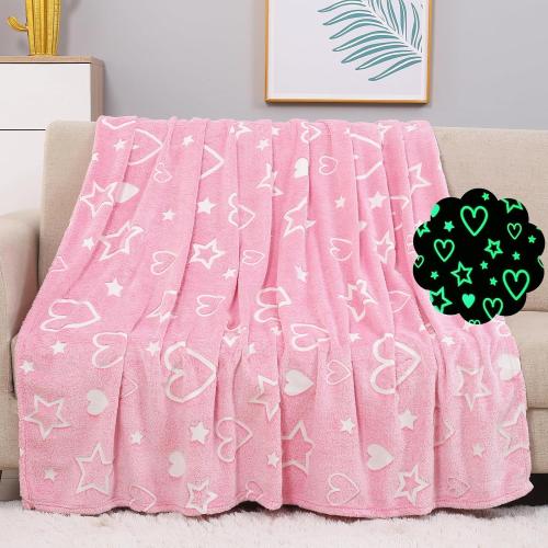 Cloele Glow in The Dark Heart Stars Blanket,Pink Throw Blanket Birthday Gifts for 2 3 4 5 6 7 8 9 10Year Old Kids Girls - Heart Flannel Throw Blanket Glowing Luminous Birthday Valentines Gifts,50x60