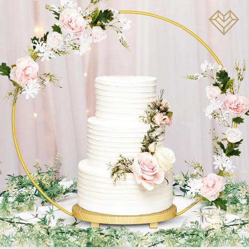 Wedding Cake Stand 16in Wood Base with Golden Metal Floral Hoop Centerpiece & Screws, Cake Display Stand for 3 Tiered Cakes, Cupcakes & More