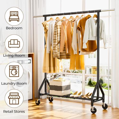Black Heavy Duty Clothes Rack Load 450 LBS, Metal Garment Rack, Standing Rolling Clothing Rack for Hanging Clothes with Sturdy Wheels & Shelves, Portable Closet Wardrobe Rack,Black