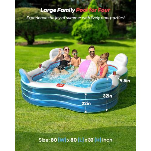 QPAU Inflatable Swimming Pool, Full-Sized Blow Up Pools with Seats and Backrests, Kiddie Pool for Outdoor & Backyard, for Family Summer Time Fun, Jelly Blue