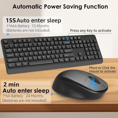 BKA BYA Wireless Keyboard and Mouse Combo,Full Size Quiet Keyboard and Mouse, 2.4GHz USB Receiver, Cordless Silent Keyboard and Mouse for PC, Windows, MAC, Laptop, Black