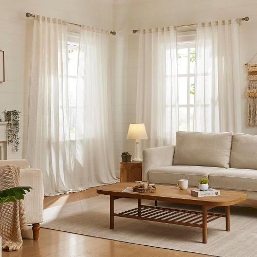 MYSKY HOME Natural Linen Boho Curtains for Living Room 84 Inches Long Light Filtering Semi Sheer Privacy Drapes for Bedroom, Farmhouse Rustic Hollowed-Out Home Decor Back Tab, 50 W×84 L, 2 Panels