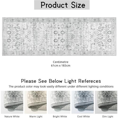 Washable Runner 2x6, Boho Entryway Rug for Hallway, Kitchen, Bedroom, Bathroom - Soft Grey, Non Slip, Long Floral Vintage Distressed Carpet for Living Room