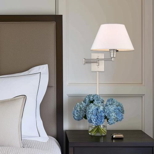 Modern Swing Arm Wall Sconce   3-Way Switch, 2-Pack | White Empire Fabric Shade, 2-in-1 Plug In or Hardwired Bedroom Wall Lamp, Satin Nickel Finish