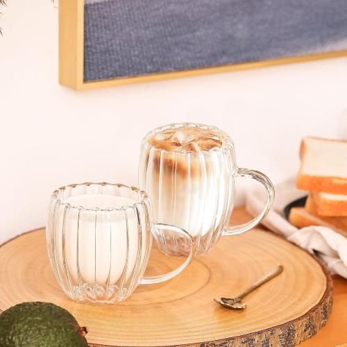 Double Wall Glass Coffee Mugs, 4pcs, 12oz, Classic Vertical Stripes, Aesthetic Tea Cups, Insulated Glass for Hot or Cold Drinks, Origami Style, Gift Boxed
