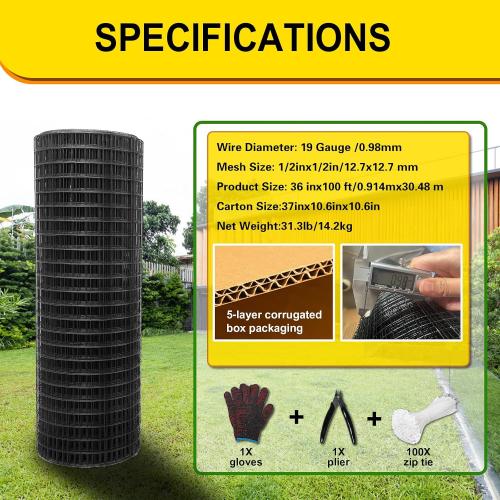 Black Hardware Cloth 1/2inx36inx100ft, Chicken Wire Fencing, 19Gauge, Vinyl PVC Coated Mesh, Welded Wire mesh, Perfect for Gopher Wire, Rodent Mesh, Tree Guard, Chicken Coop