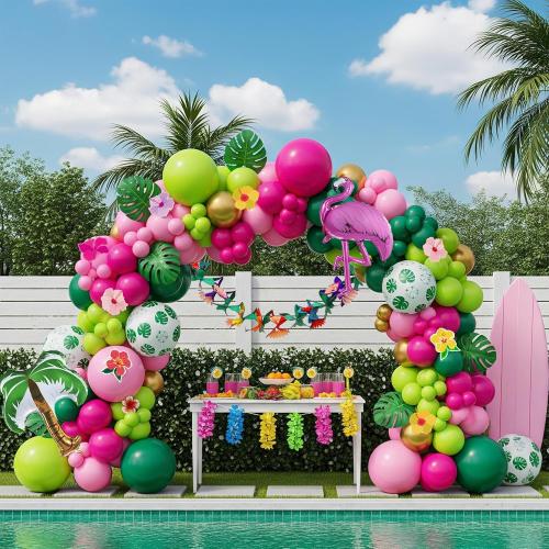 Summer Tropical Balloon Arch Kit Hot pink Green Balloon Luau tissue flower banner Hawaiian Flower Card Sticker For Baby Shower Island Beach Flamingo Pool Parties Tiki Aloha Birthday Party Decorations
